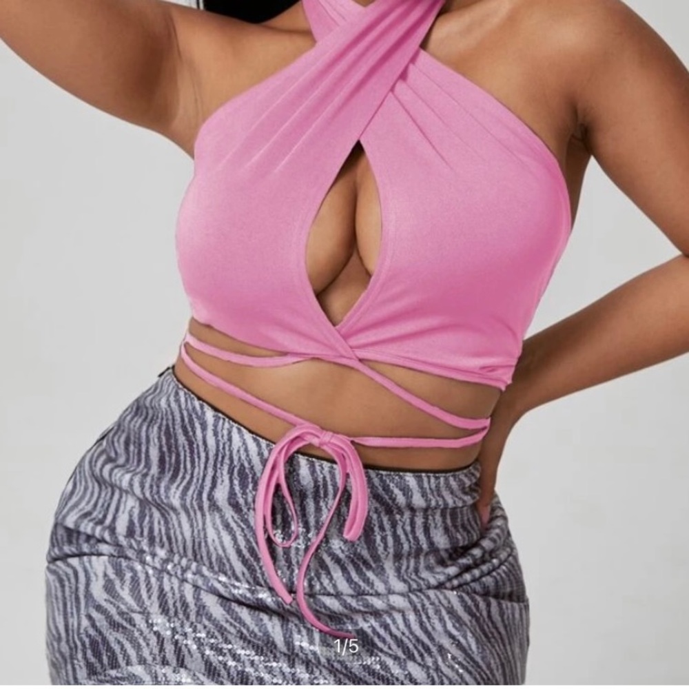 Shein pink tie up halter crop top